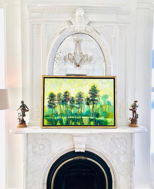 Katie Jacobson Art Landscape Painting on White Fireplace Mantle