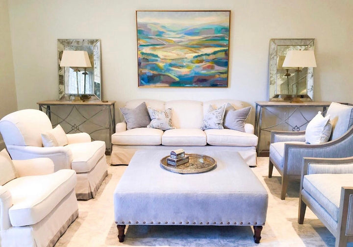 Katie Jacobson Art Painting of Landscape Hanging in Elegantly Styled Living Room