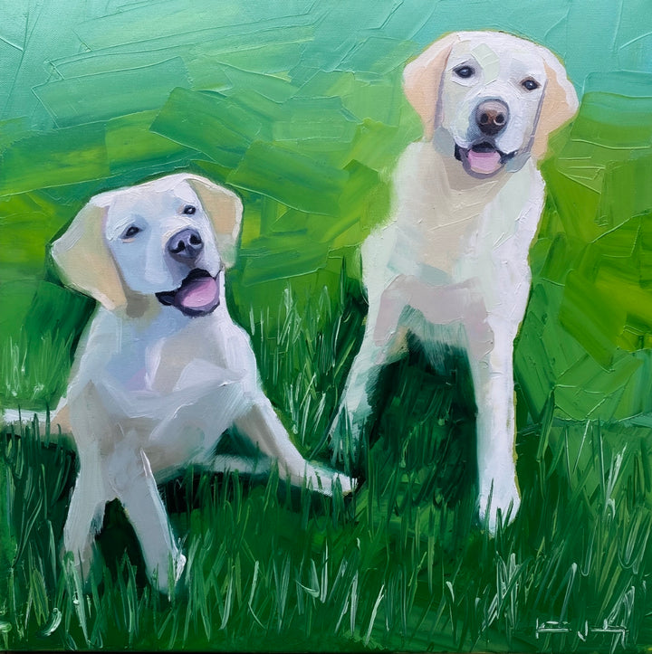 Katie Jacobson Art Two Dogs in Grass Painting