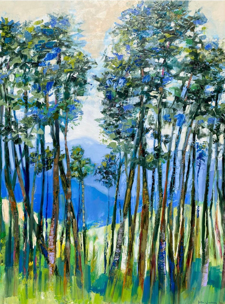 Katie Jacobson Art Painting of a Row of Trees in Grass in Front of a Mountain Range in the Distance
