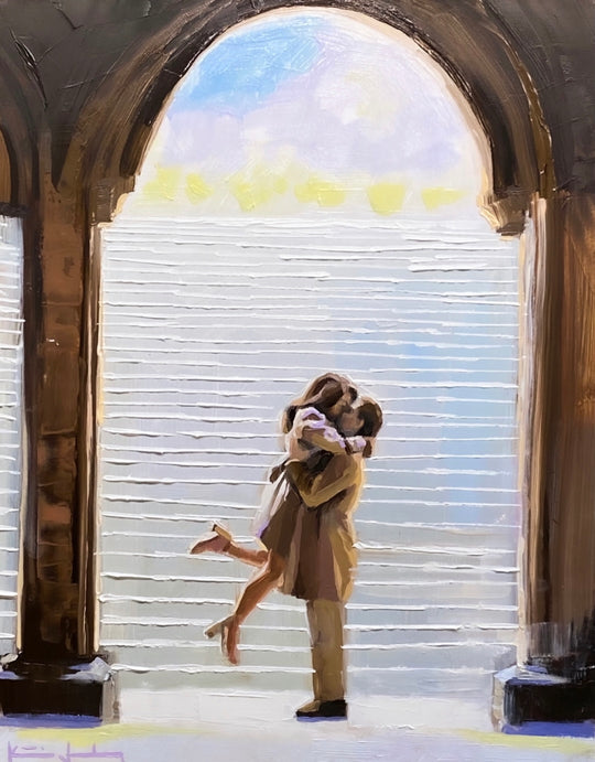Katie Jacobson Art Painting of a Couple Kissing Under an Arch