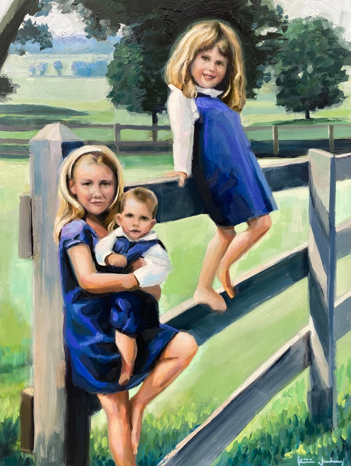 Katie Jacobson Art Painting of Three Children on a Fence
