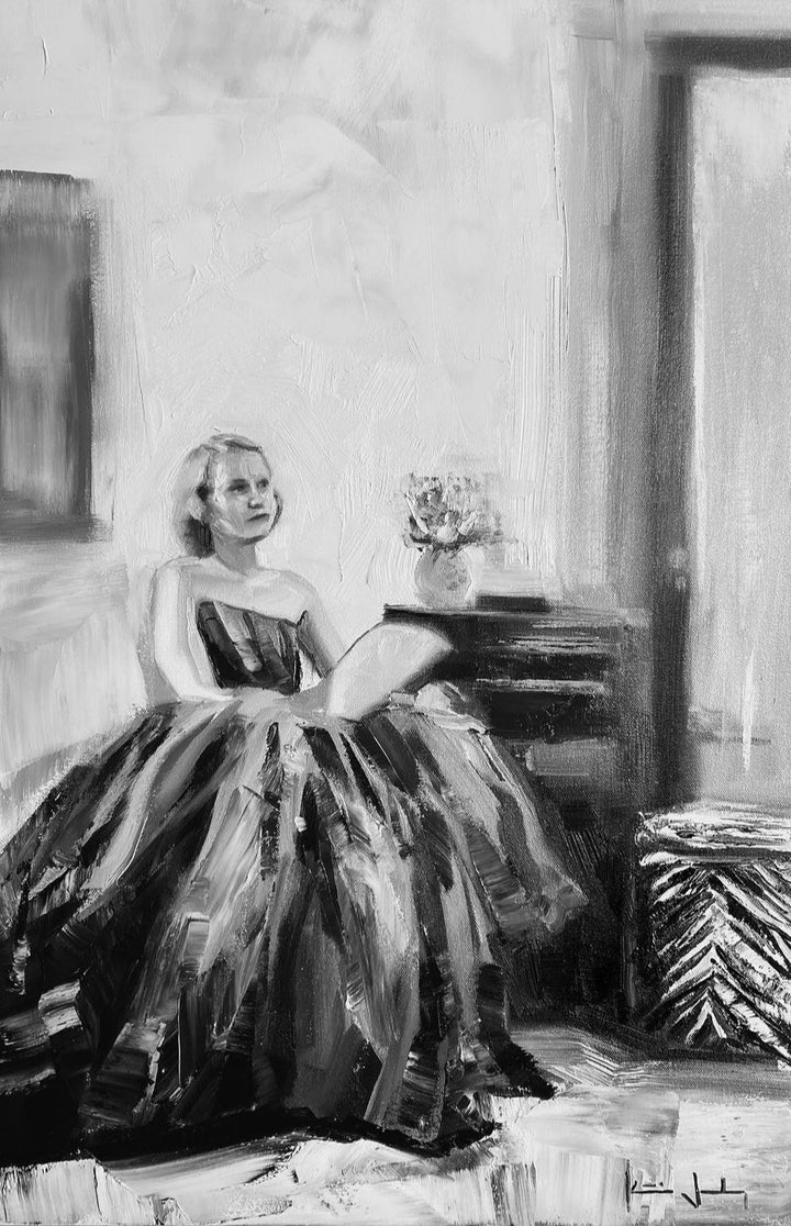 Katie Jacobson Art Black and White Painting of a Woman in a Ball Gown