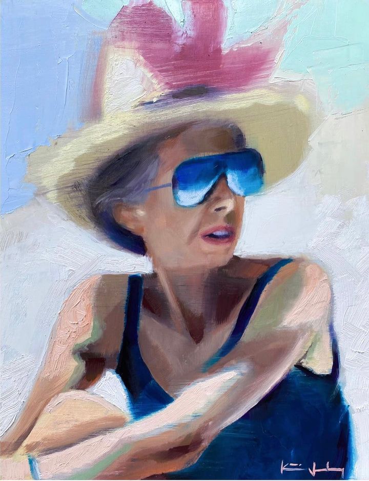 Katie Jacobson Art Painting of a Woman in a Hat and Sunglasses