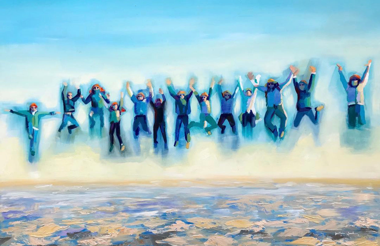 Katie Jacobson Art Painting of People Jumping with Arms Raised