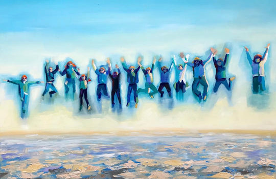 Katie Jacobson Art Painting of People Jumping with Arms Raised