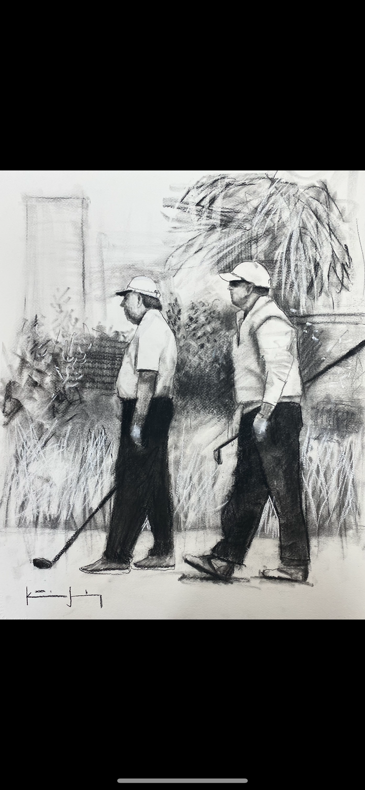 Katie Jacobson Art Charcoal Drawing of Two Men Playing Golf