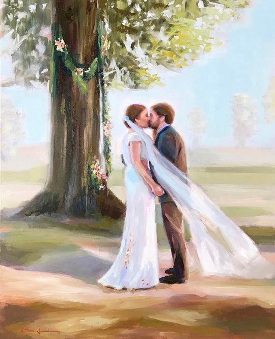 Katie Jacobson Art Painting of a Bride and Groom Kissing Under a Tree