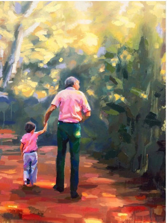 Katie Jacobson Art Painting of a Man and Boy on a Trail