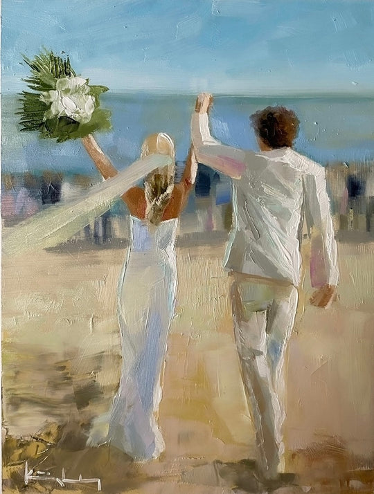 Katie Jacobson Art Painting of a Bride and Groom on a Beach