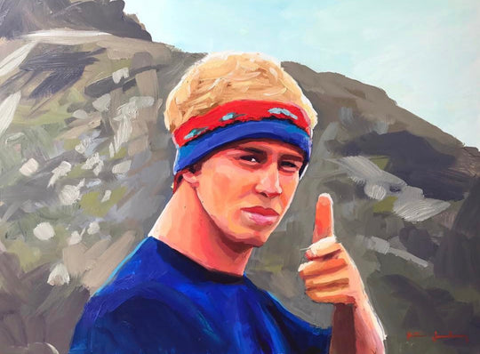 Katie Jacobson Art Painting of a Man with Headband Pointing at Observer