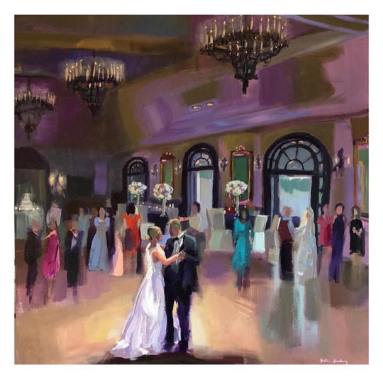 Katie Jacobson Art Painting of Bride and Groom on in a Ballroom with Guests